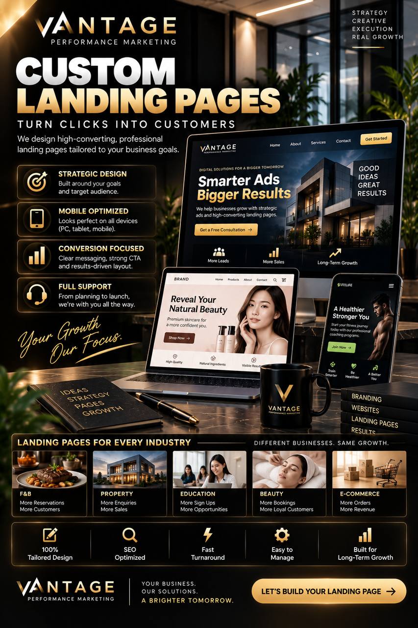 Custom landing pages that turn clicks into customers — strategic design, mobile optimized, conversion focused, full support